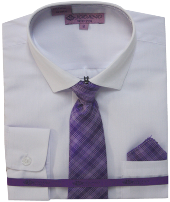 Boys' Long Sleeve Button Down & Tie in White/Lilac Checkers #2502504