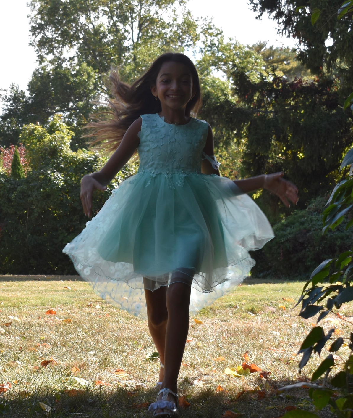 Girls Fancy Long Dress with Flower Detailing in Mint #0232342