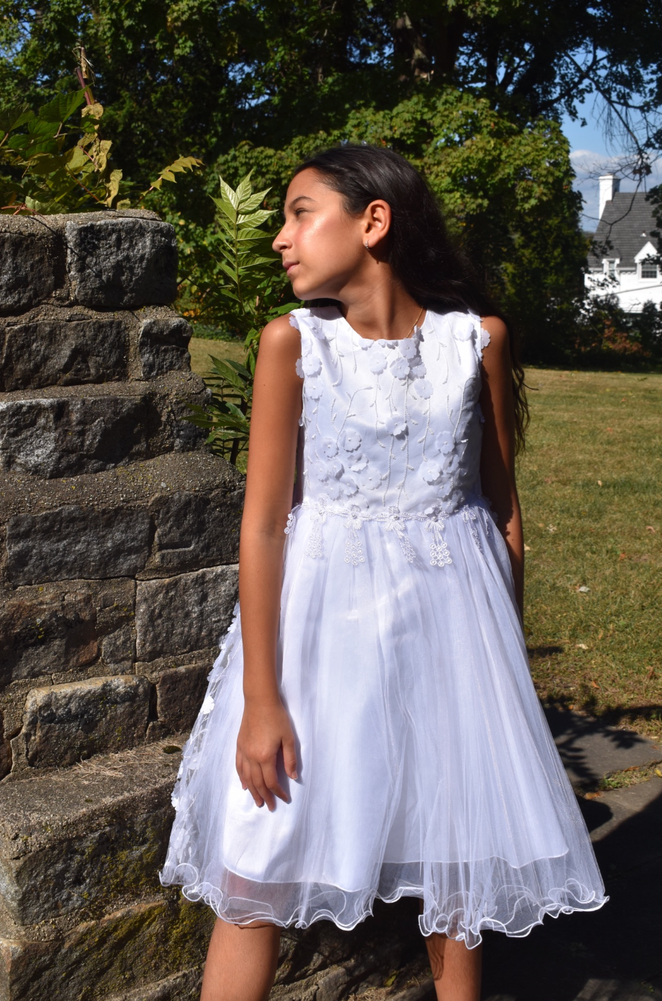 Girls Fancy Long Dress with Flower Detailing in White #0232342