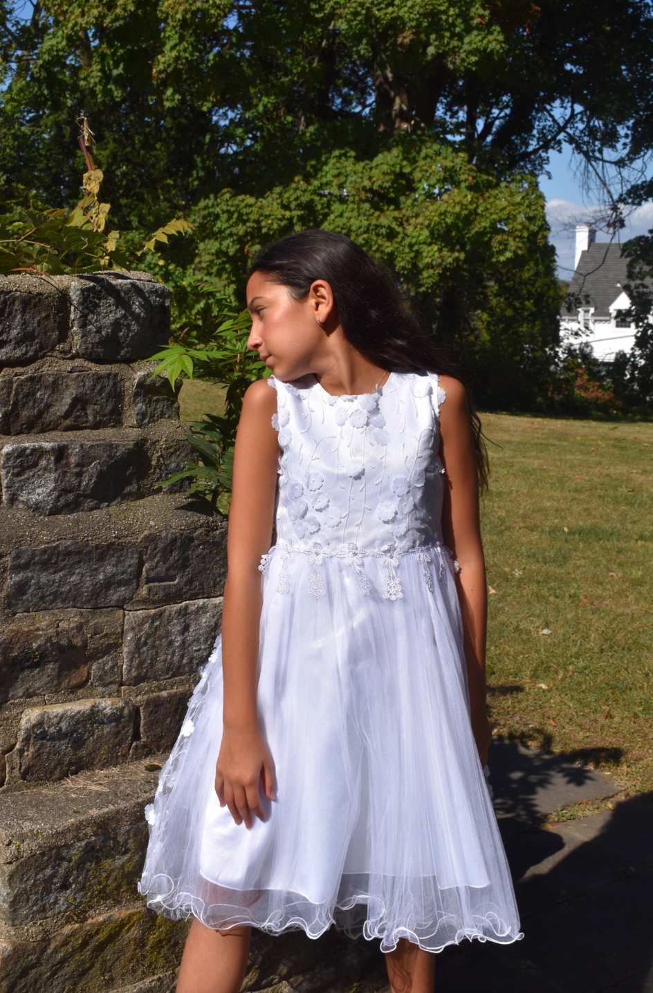 Girls Fancy Long Dress with Flower Detailing in White #0232342